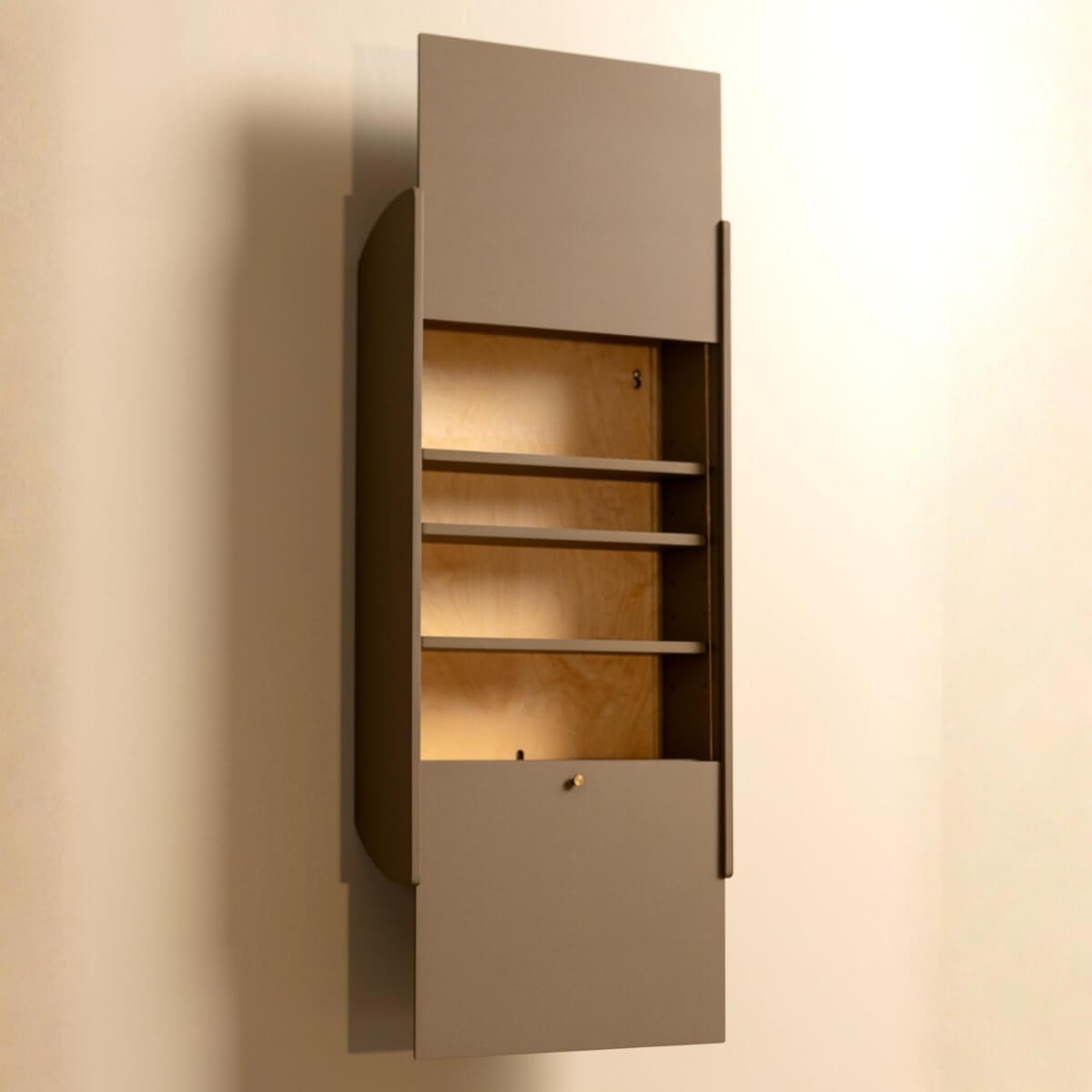 Balance shallow wall cabinet in khaki green Valchromat®, side view with the sliding door raised
