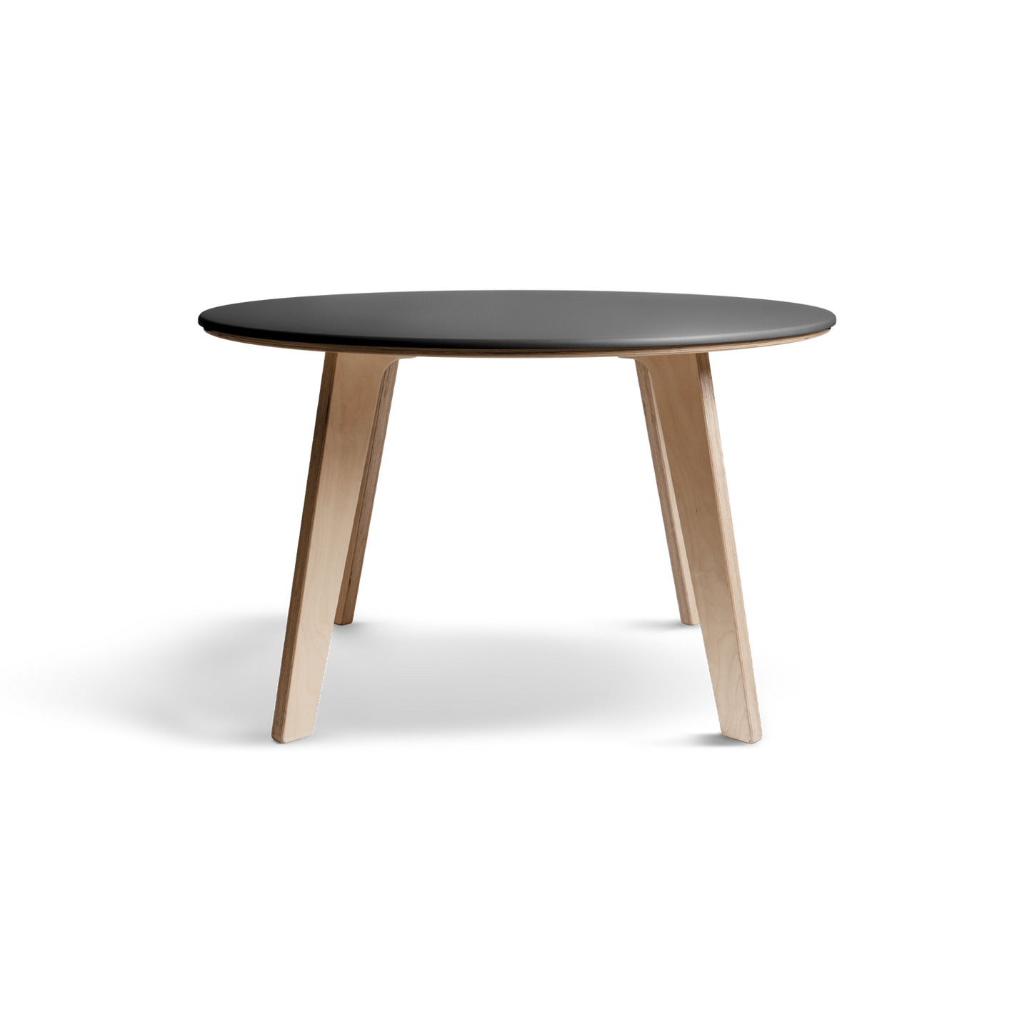 Birch dining table with black Valchromat® top and natural birch legs.