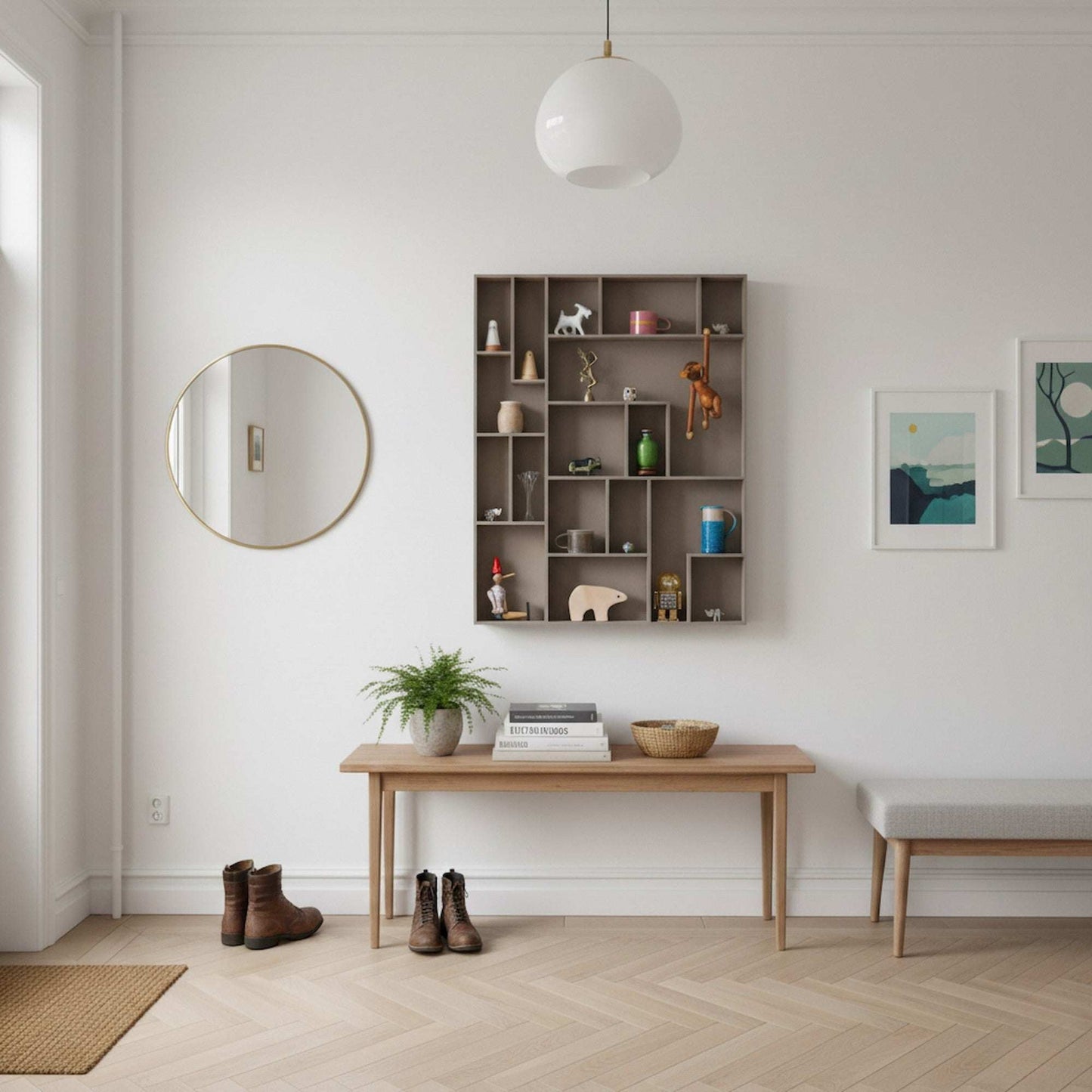 NicNac Tall in Khaki color, timeless box shelf wall-mounted in an entryway, styled with small collectibles