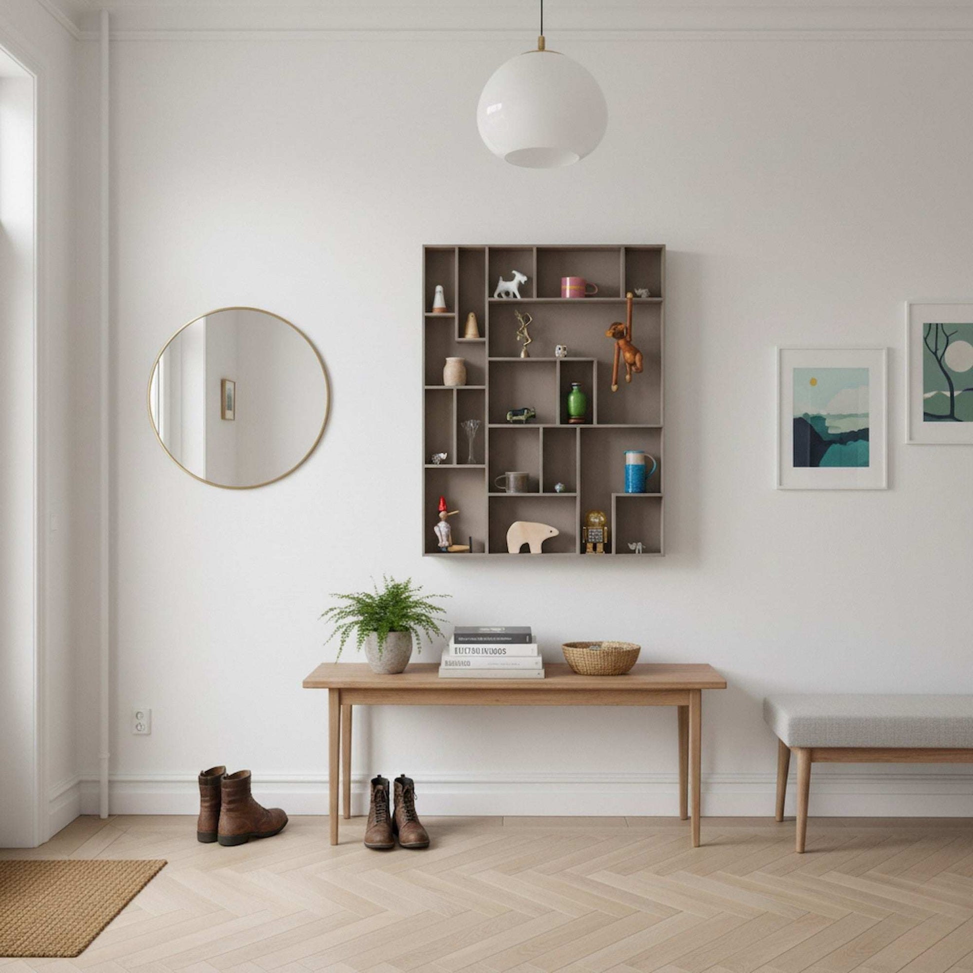 NicNac Tall in Khaki color, timeless box shelf wall-mounted in an entryway, styled with small collectibles