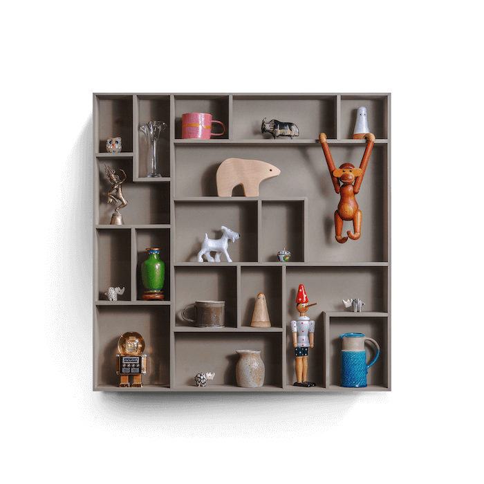 NicNac Timeless Box Shelf in khaki, front view with defined compartments and small collectibles