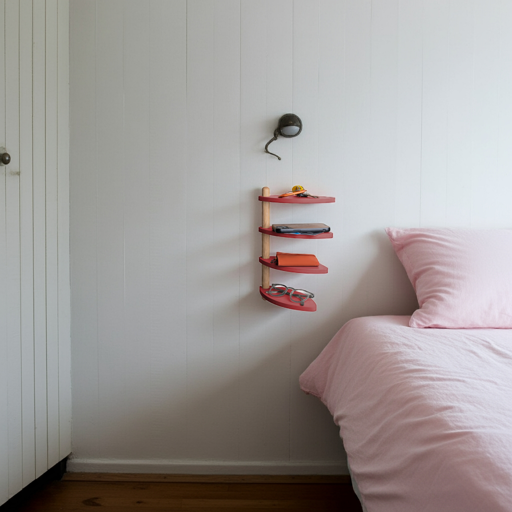 adjustable wall shelf made from off-cut materials in bedroom setup