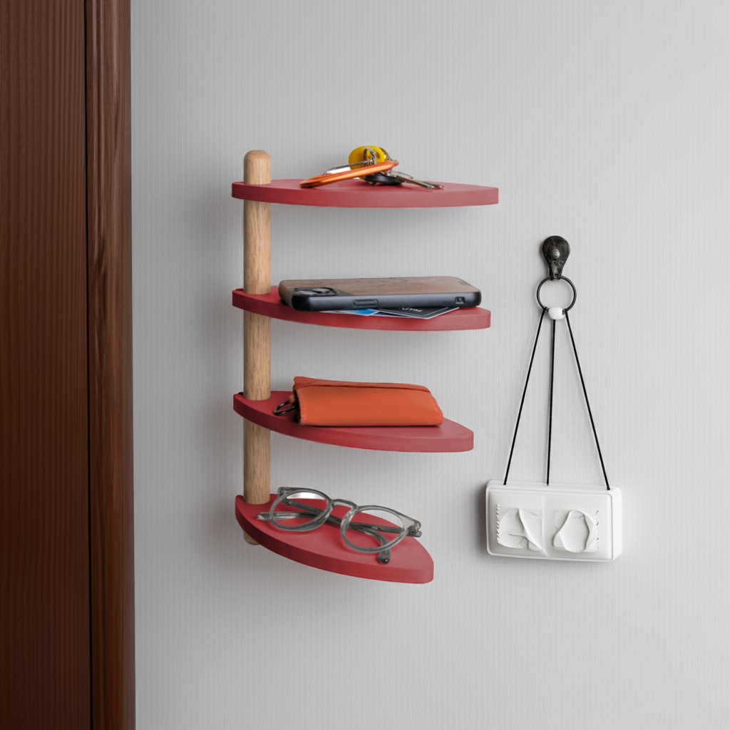Adjustable wall shelf made from recycled off-cut materials, displaying items like keys and glasses, on a light gray wall.