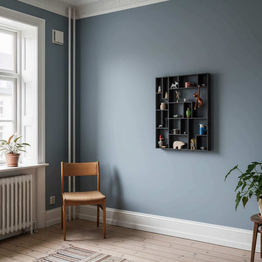 Tall black NicNac trinket shelf mounted in a classic Copenhagen apartment