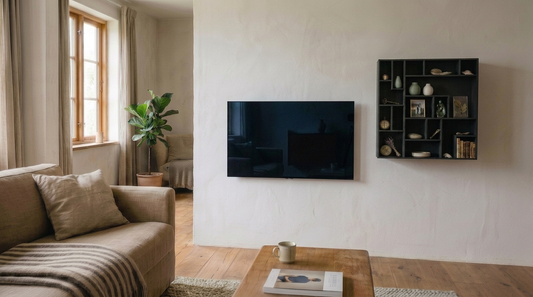 Scandinavian living room with a deep near-black coloured-through Valchromat® NicNac trinket shelf beside a wall-mounted TV
