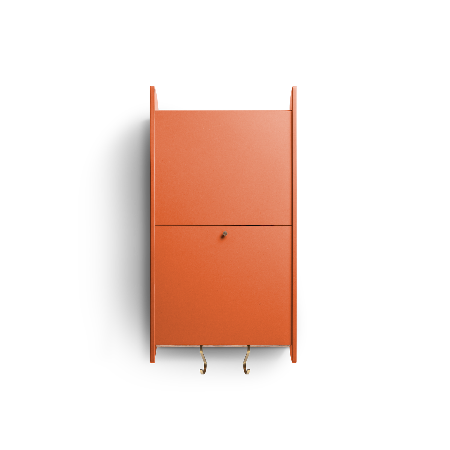 Space-saving cabinet with upward-gliding doors and removable dowel in orange Valchromat®.