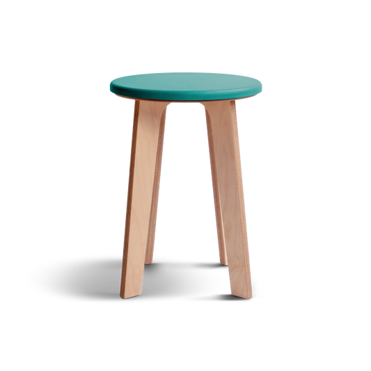 Birch stool with natural birch legs and vibrant Valchromat top.