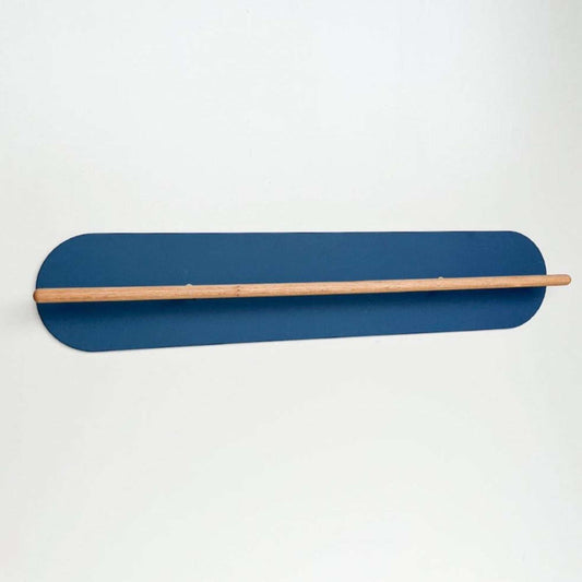 Grounded 100cm minimal Danish design shoe rack in blue with wooden bar, ex-display model, great condition