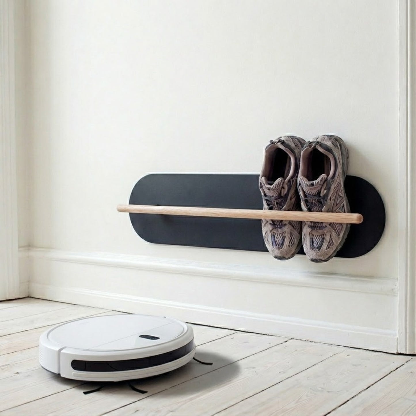Minimalist space saving shoe rack in hallway, designed for small apartments and modern homes, easy to clean the floors under