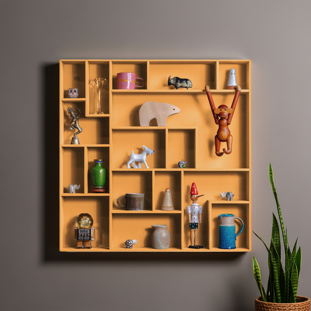 Compact decorative wall shelf NicNac in orange with playful compartments displaying small decorative items on gray wall