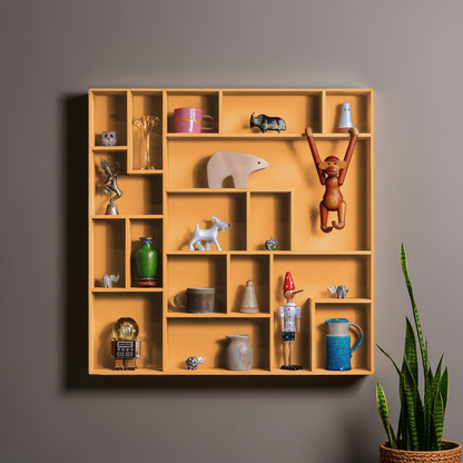 Compact decorative wall shelf NicNac in orange with playful compartments displaying small decorative items on gray wall