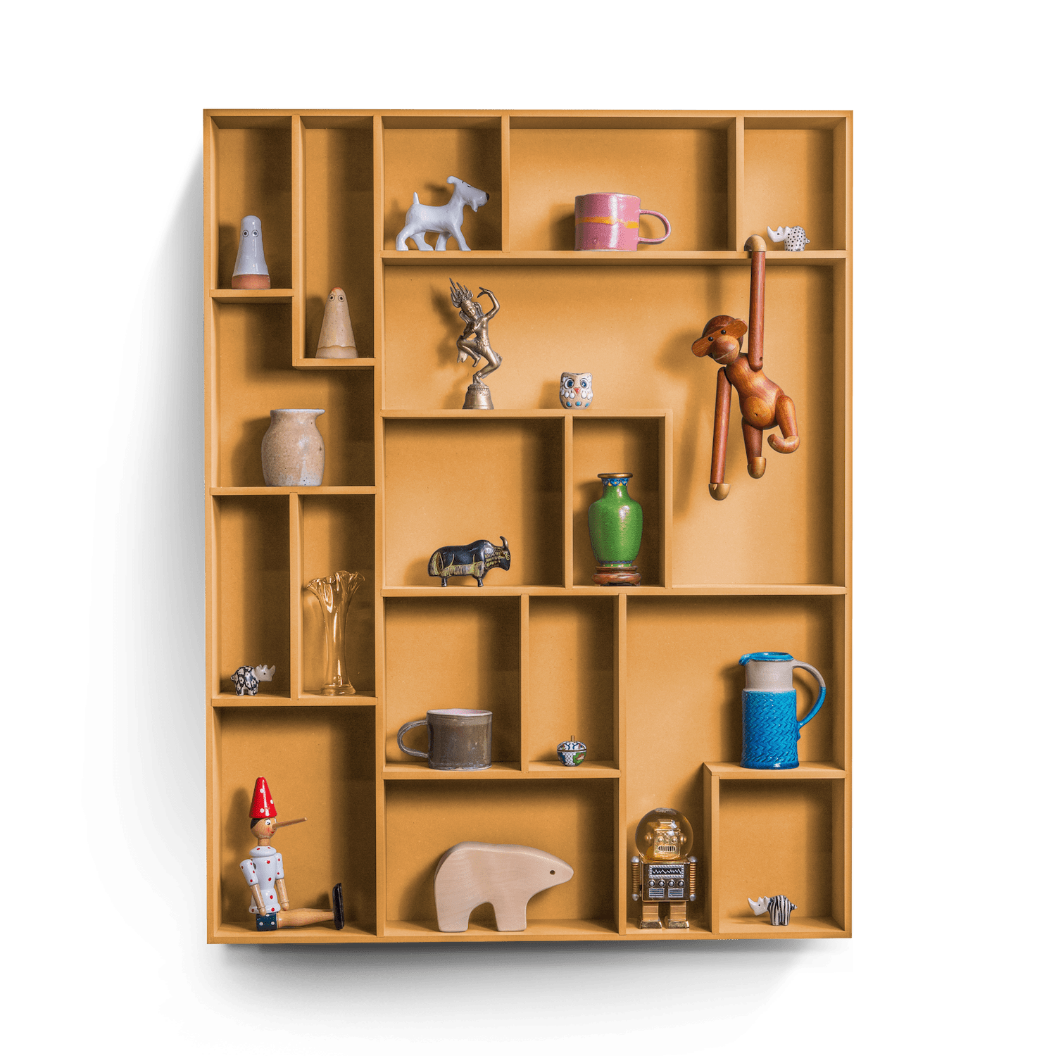 NicNac Tall vibrant yellow display shelf with decorative items.
