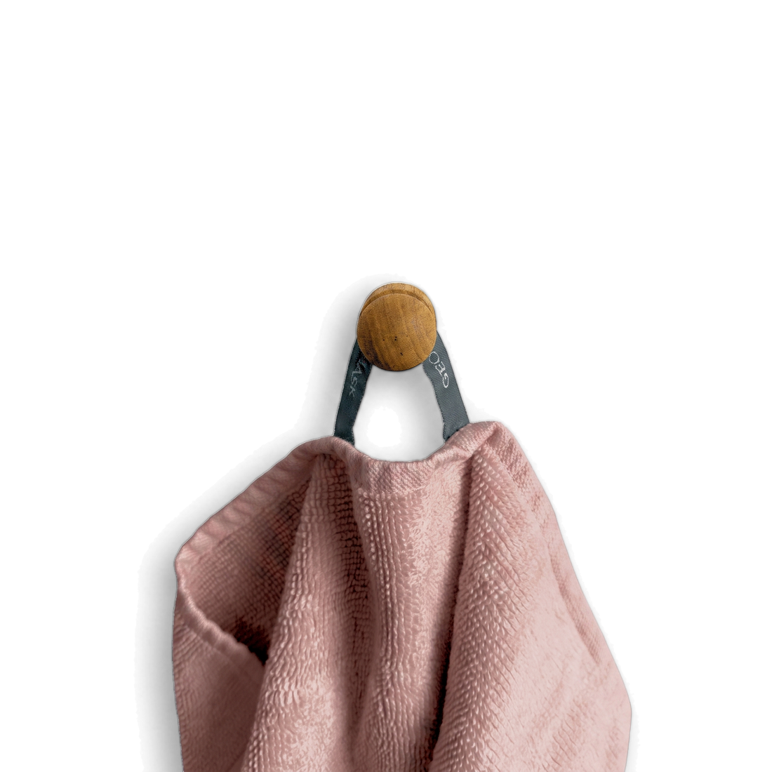 Anchor wandhaak van massief eiken, productfoto met een roze handdoek op transparante achtergrond