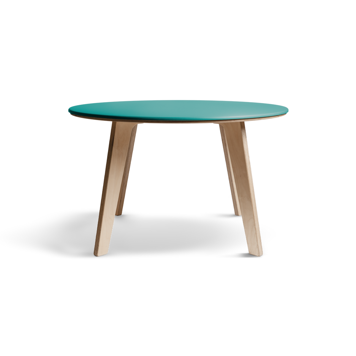 Bjørk runder Esstisch mit grüner Valchromat®-Platte und Beinen aus Birkensperrholz, minimalistisches nordisches Design