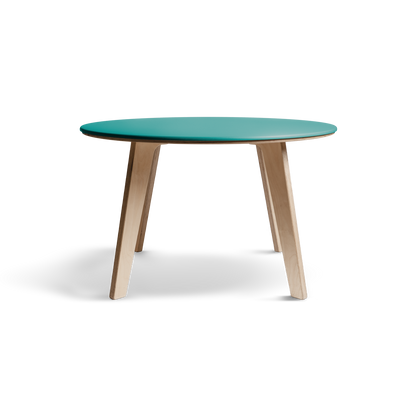 Bjørk runder Esstisch mit grüner Valchromat®-Platte und Beinen aus Birkensperrholz, minimalistisches nordisches Design