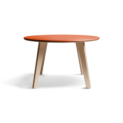 Bjørk runder Esstisch mit orangefarbener Valchromat®-Platte und Beinen aus Birkensperrholz, minimalistisches nordisches Design