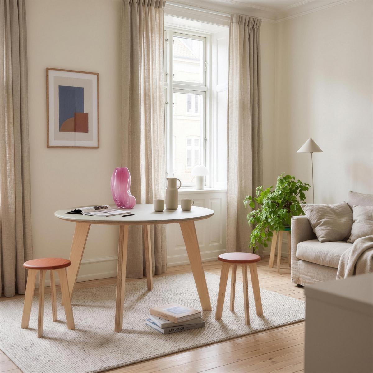 Round Bjørk dining table with birch plywood legs and two Bjørk stools with orange seats in a bright living room