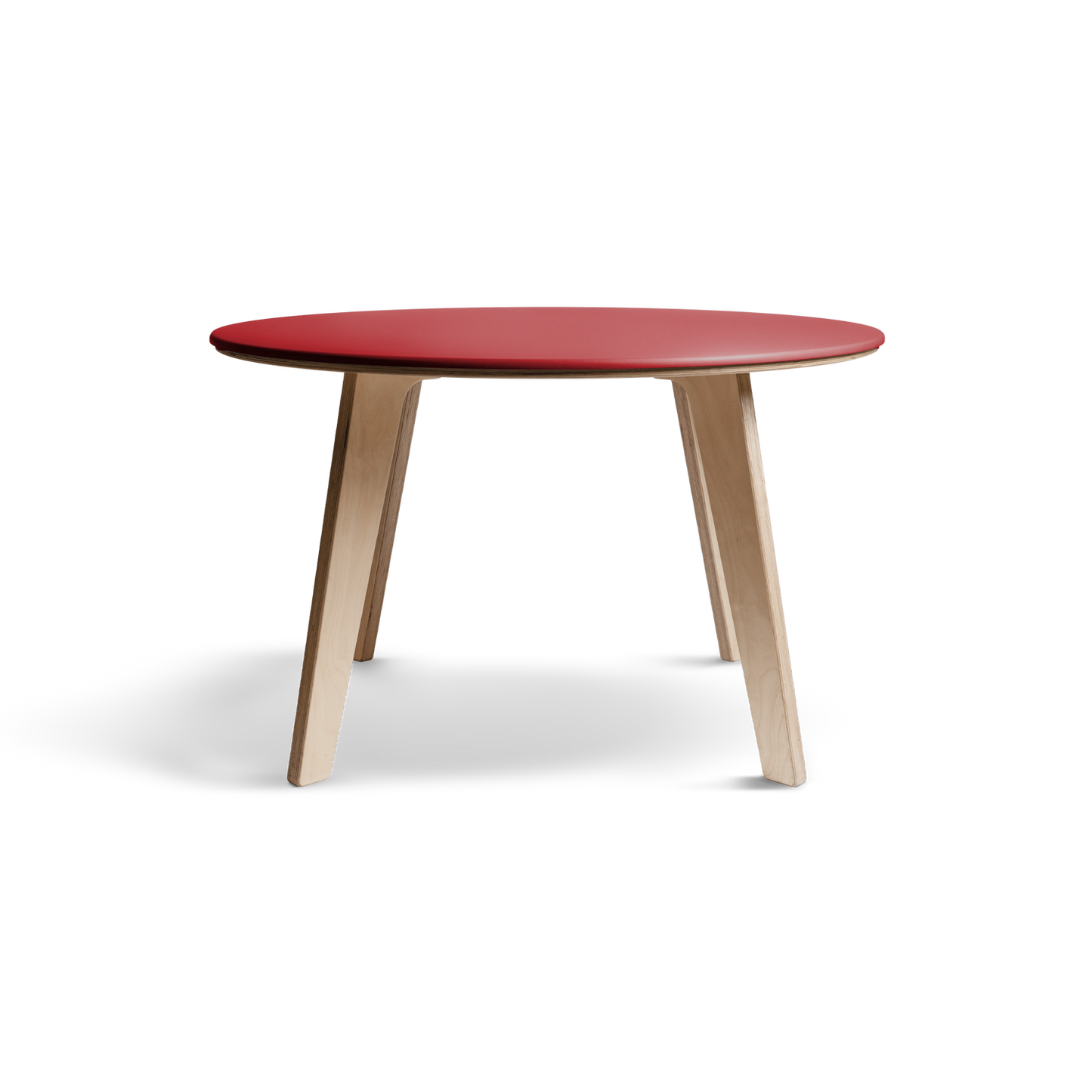 Birch dining table with vibrant Valchromat top and minimalist Scandinavian design.