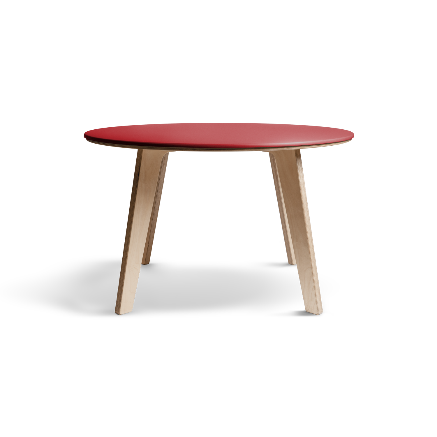 Birch dining table with vibrant Valchromat top and minimalist Scandinavian design.