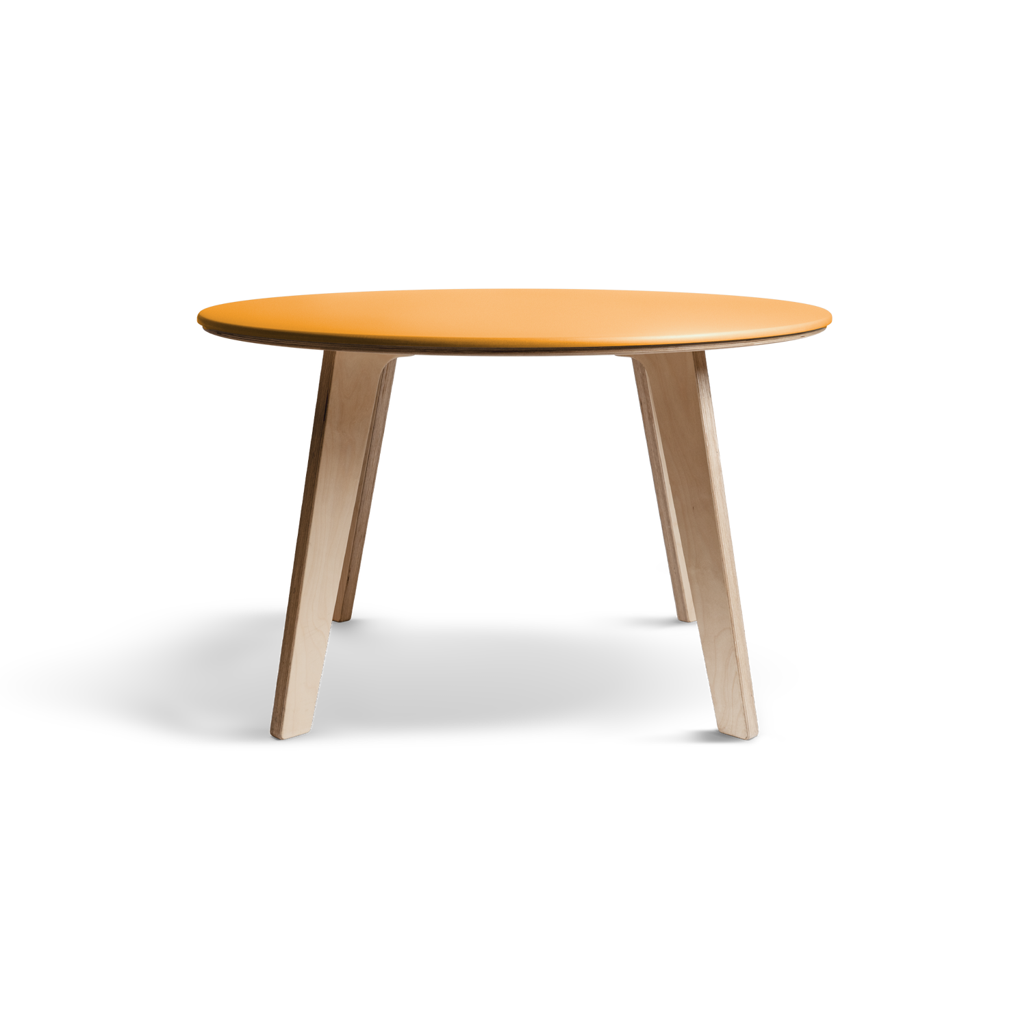 Bjørk round dining table with a yellow Valchromat® top and birch plywood legs, seen from the front