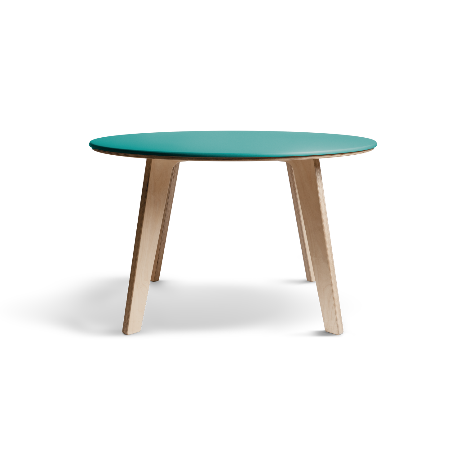 Bjørk round dining table with a green Valchromat® top and birch plywood legs, minimalist Nordic design