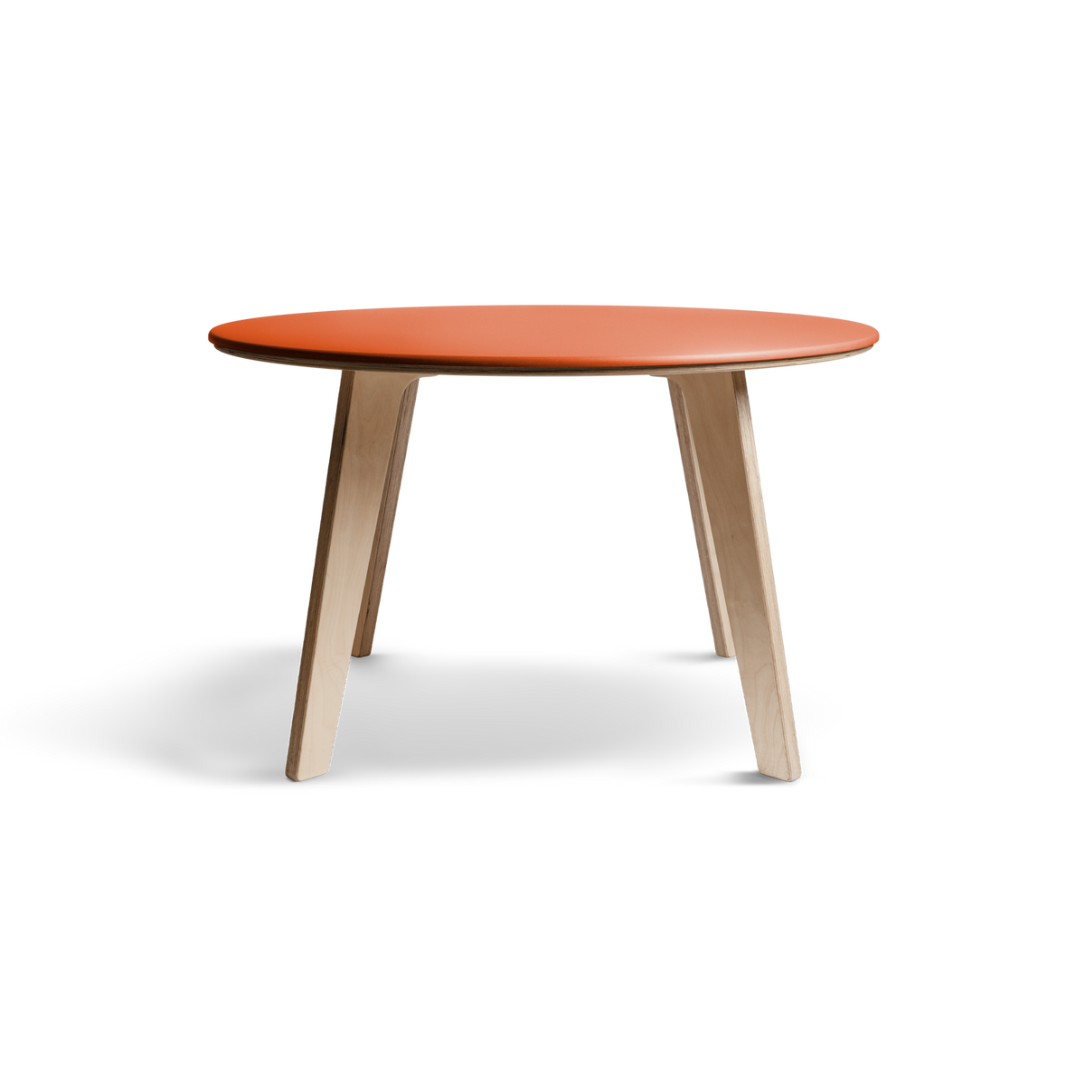 Bjørk round dining table with an orange Valchromat® top and birch plywood legs, minimalist Nordic design