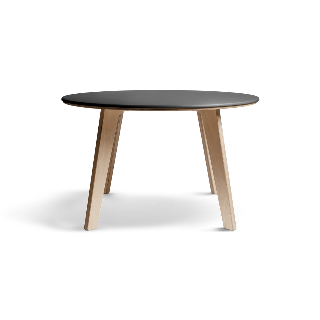 Bjørk round dining table with a black Valchromat® top and natural birch plywood legs