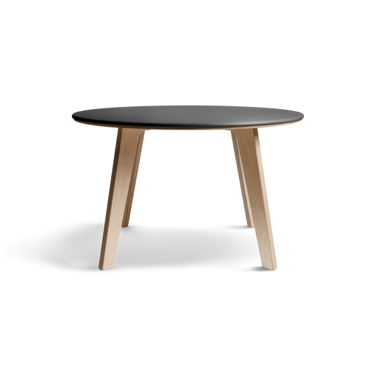 Birch dining table with black Valchromat® top and natural birch legs.