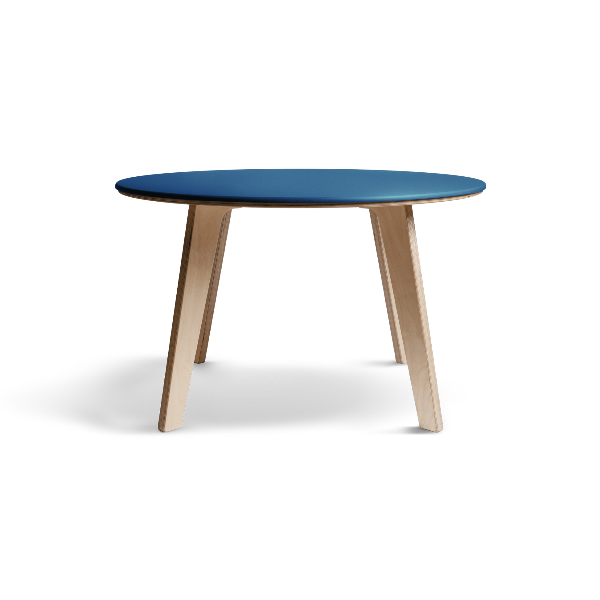 Bjørk round dining table with blue Valchromat® top and birch plywood legs, front view