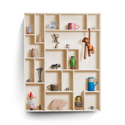 NicNac Tall decorative wall shelf in beige with multiple compartments displaying various small decorative items.