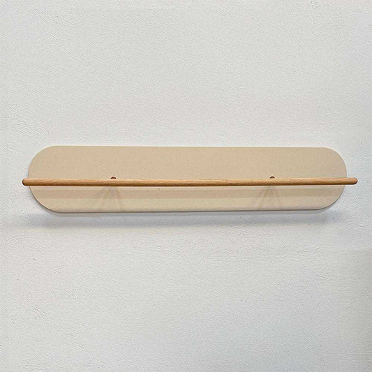 Minimalist Grounded 100cm wall-mounted shoe rack in pearl with wooden bar and smooth rounded edges