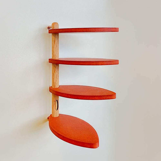Wasteless wooden corner wall shelf with four red semi-circular tiers, ex-display unit with minor cosmetic marks