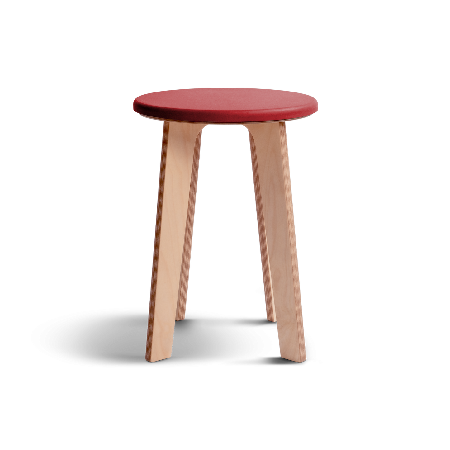 Birch stool with vibrant red Valchromat® top and minimalist birch plywood legs.