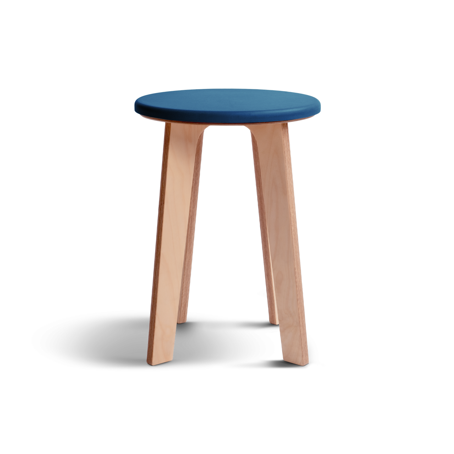 Elegant birch stool with vibrant blue Valchromat® top, minimalist Nordic design.