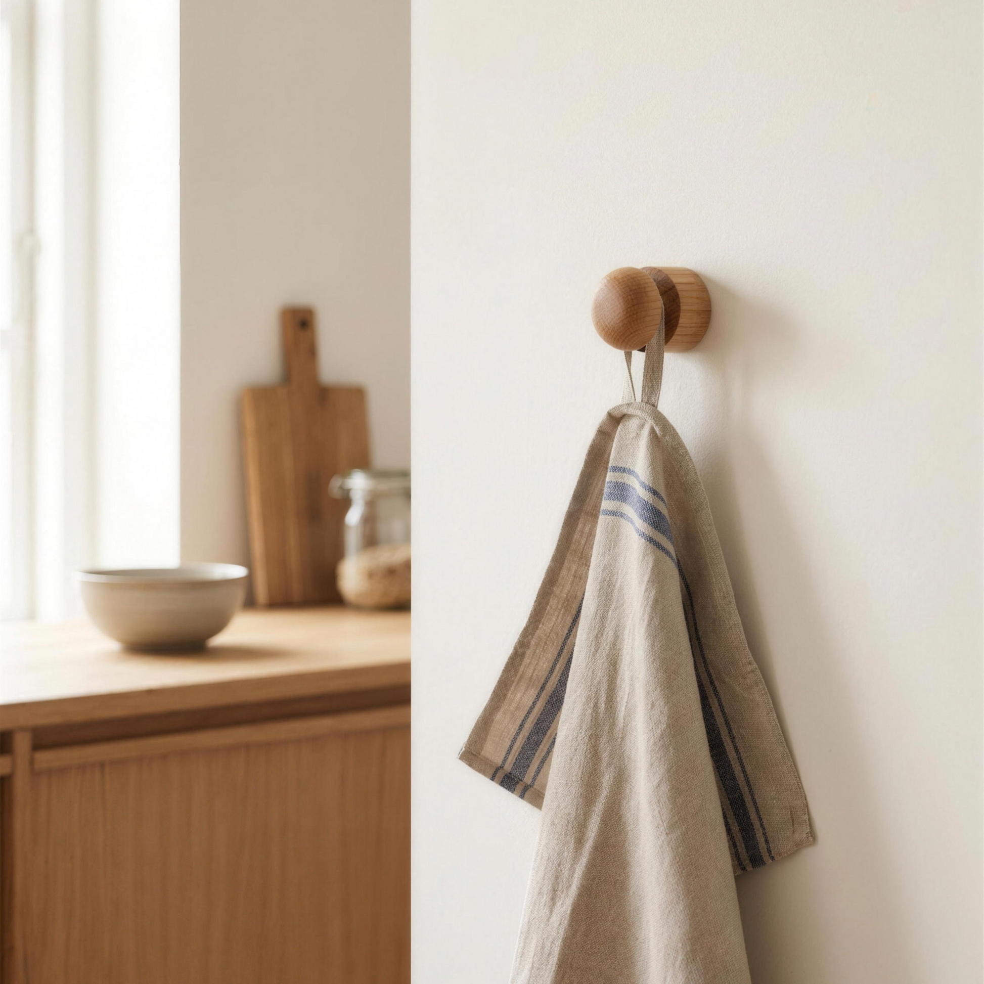 Anchor oak wall hook with a striped linen tea towel in a Scandinavian kitchen