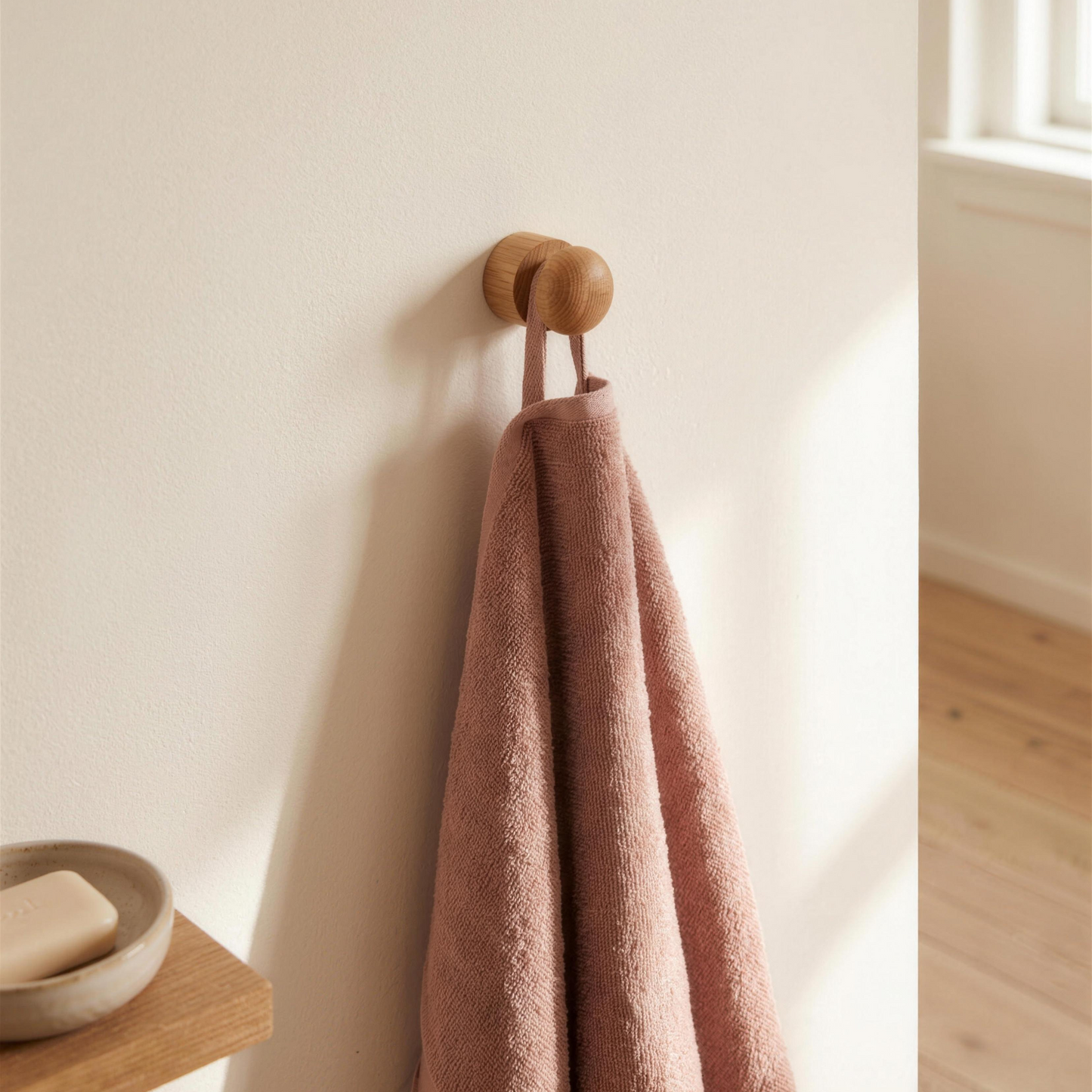Anchor oak wall hook holding a rose towel in a bright Scandinavian bathroom