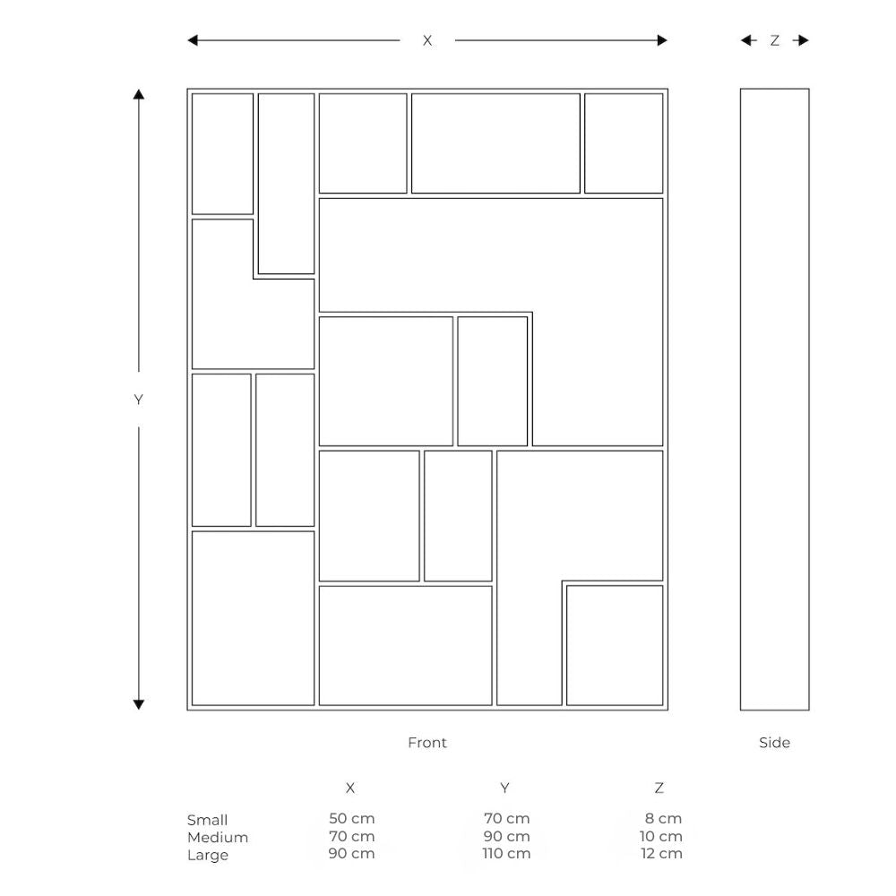 Dimensions chart for the NicNac Tall Timeless Display Shelf in Valchromat. Overview of sizes Small (50x70x8 cm), Medium (70x90x10 cm), and Large (90x110x12 cm).