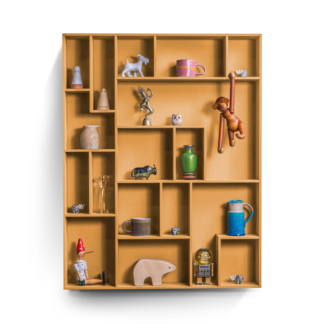 NicNac Tall trinket shelf in yellow Valchromat® – tall wall shelf with playful compartments for keepsakes