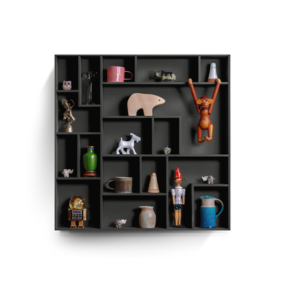 NicNac Timeless Box Shelf in black, front view with defined compartments and small collectibles