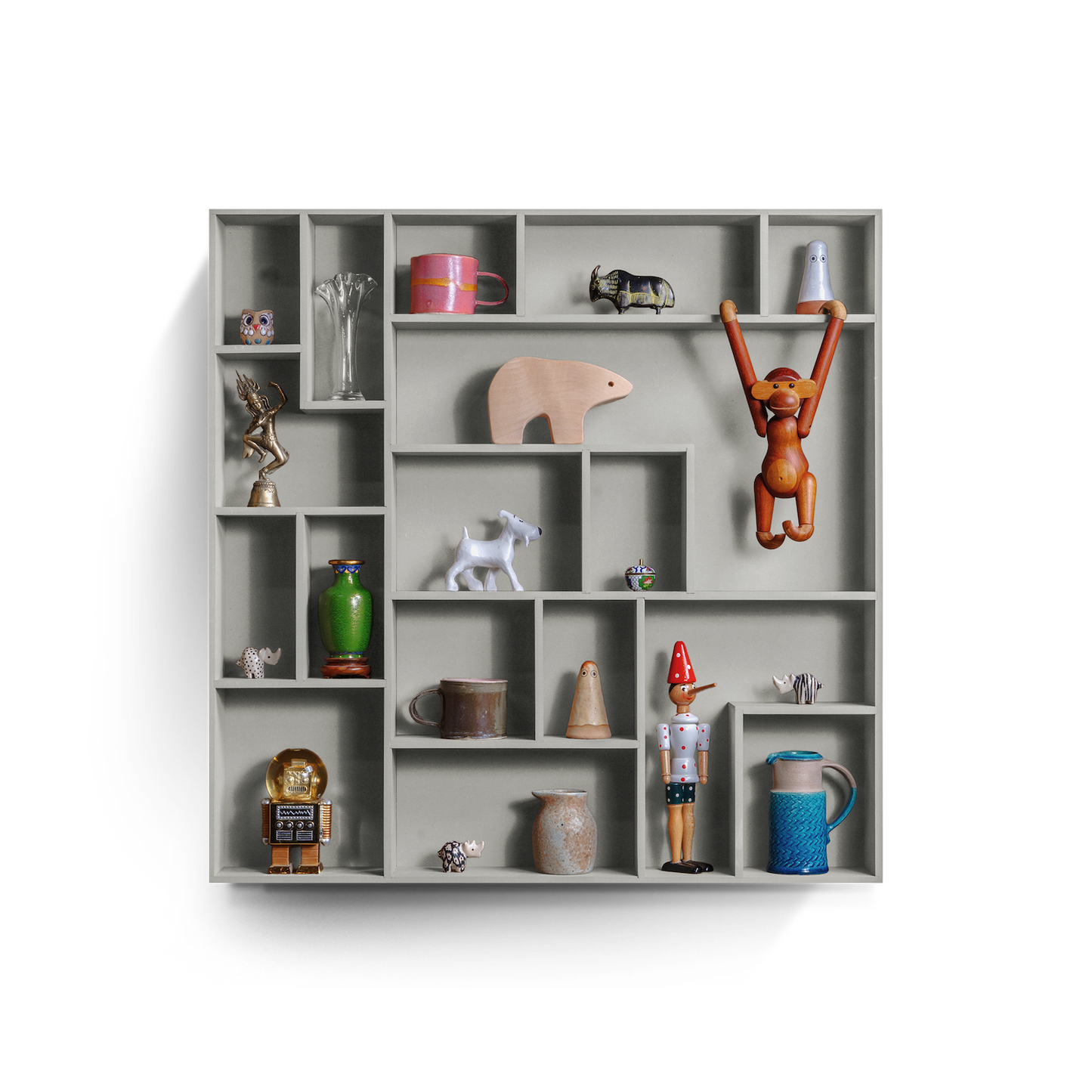 NicNac Timeless Box Shelf in grey, front view with defined compartments and small collectibles