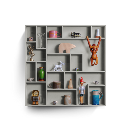 NicNac Timeless Box Shelf in grey, front view with defined compartments and small collectibles