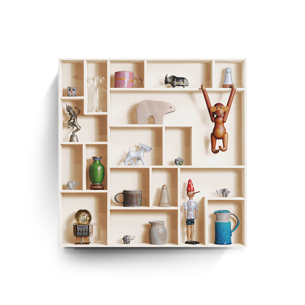 NicNac Timeless Box Shelf in white pearl, front view with defined compartments and small collectibles