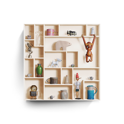 NicNac Timeless Box Shelf in white pearl, front view with defined compartments and small collectibles