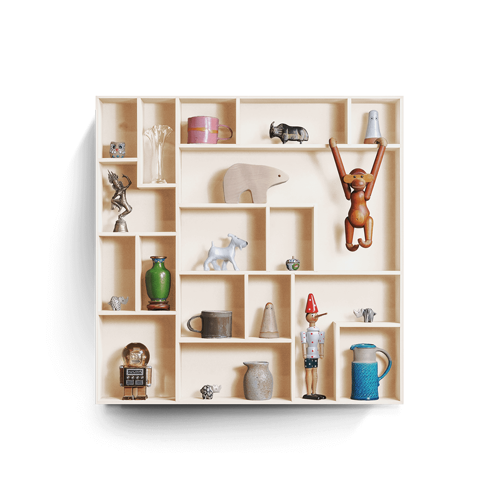 NicNac Timeless Box Shelf in white pearl, front view with defined compartments and small collectibles