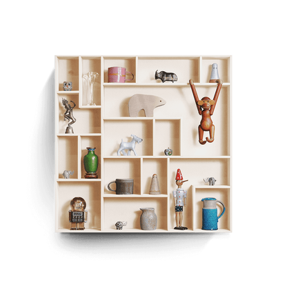 NicNac Timeless Box Shelf in white pearl, front view with defined compartments and small collectibles