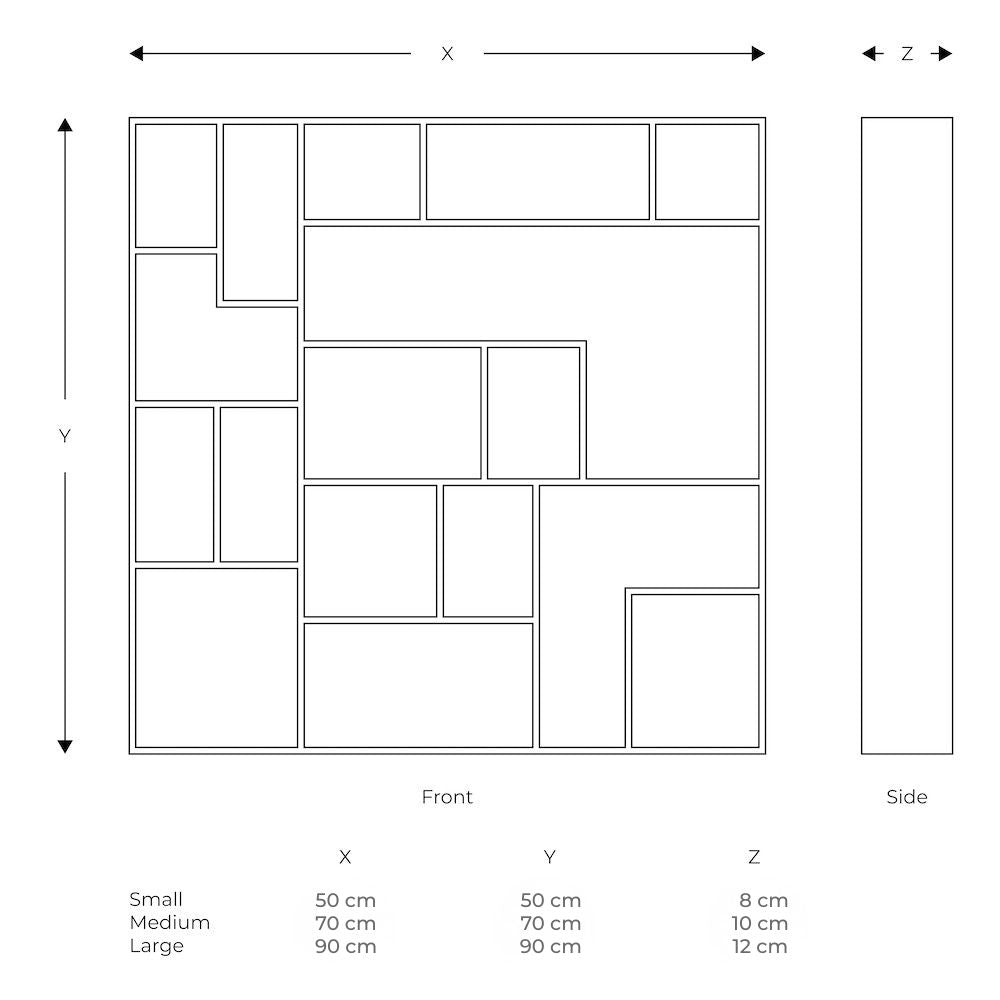 Dimensions chart for the NicNac Timeless Display Shelf in Valchromat. Overview of sizes Small (50x50x8 cm), Medium (70x70x10 cm), and Large (90x90x12 cm).