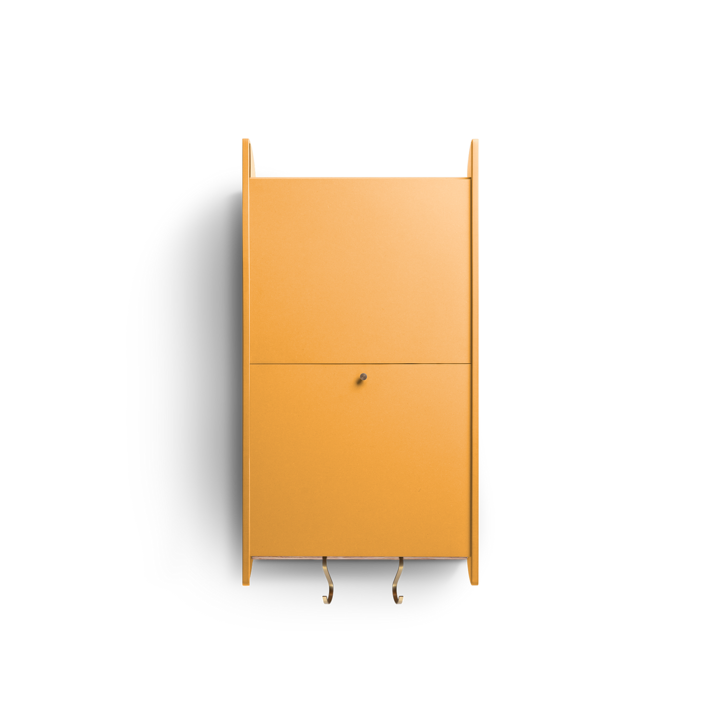 Space-saving cabinet with upward-gliding doors in orange Valchromat®.