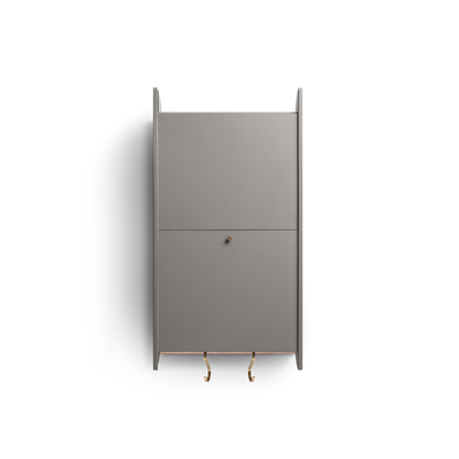 Space-saving cabinet with upward-gliding doors and removable dowel in minimalist design.