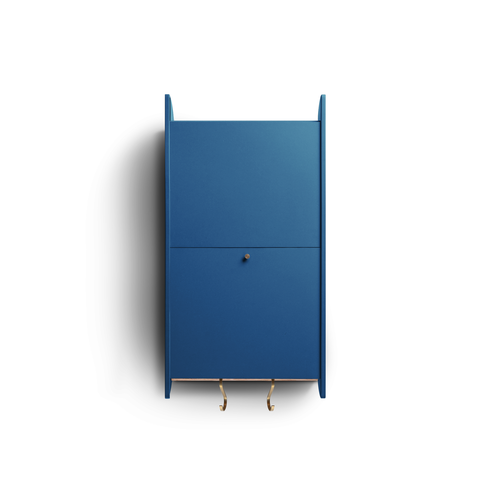 Space-saving cabinet with upward-gliding doors in blue Valchromat.