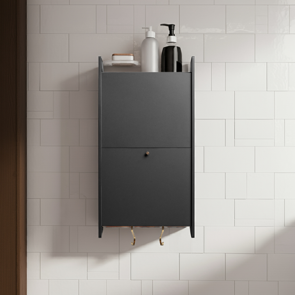 Space-saving cabinet with upward-gliding doors mounted on a white tiled wall.